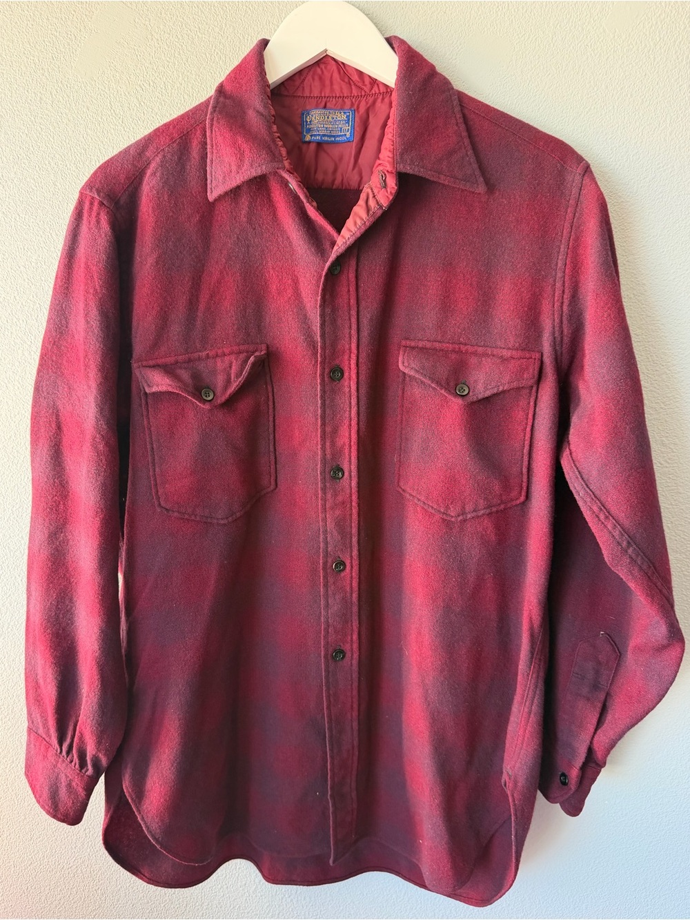 Pendleton maroon blue subtle stripe 100% wool button down shirt Men’s sz 17 neck